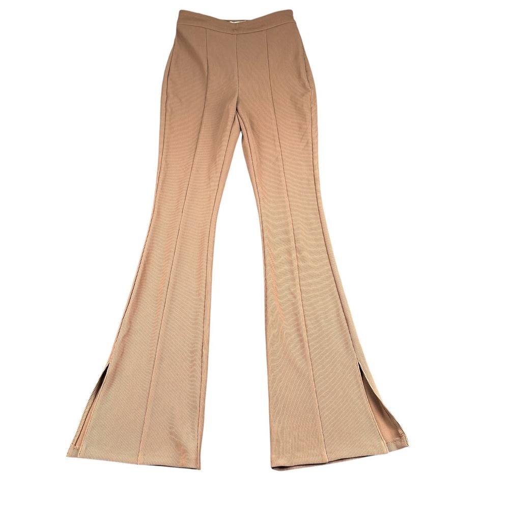 Primark Womens Tan Ribbed High Waisted Flare Pants Side Slit Size 2 Small‎ Pull